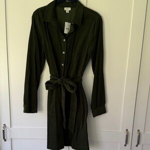 J. Crew Dark Olive Green Long-Sleeve Shirt Dress with Tie Waist